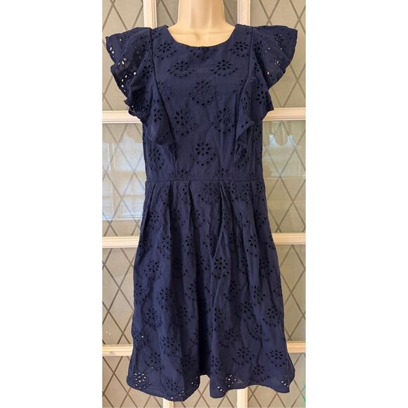 Chris McLaughlin Women's Flutter Sleeve Eyelet Ruffle Front Navy Blue Dress 6 - Picture 2 of 7